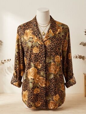 Beautiful Michele Leslie brown & black floral long sleeve button front blouse M